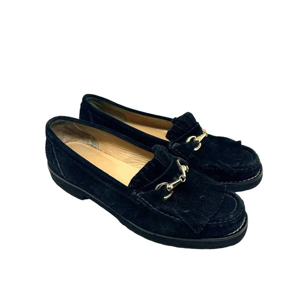 275 Central Loafer Flat Shoes 3208‎ Gold Hardware Fringe Suede Black Size US 8